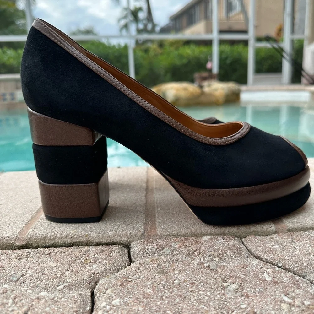 Tory Burch 70s Peep-Toe Leather & Suede Platform Pumps Women’s Size 8.5